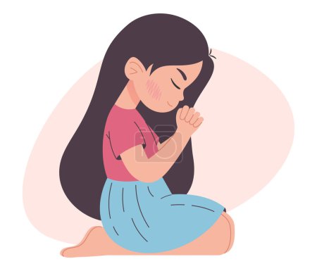 Ilustración de Chica arrodillada rezando, ilustración aislada en blanco - Imagen libre de derechos