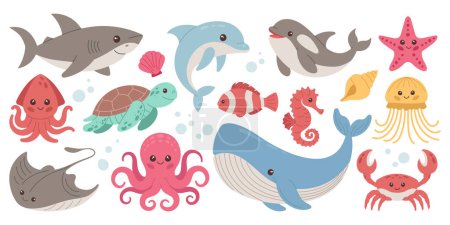 Illustration for Set with hand drawn elements of sea animals, sea creatures. Vector doodle cartoon set of sea life objects for your design. - Royalty Free Image