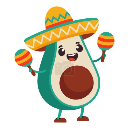 Cute Mexican avocado in a sombrero and with maracas on a white background