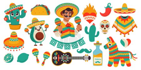 Cinco de Mayo sticker set, May 5, federal holiday in Mexico. Fiesta banner and poster design with flags, decorations