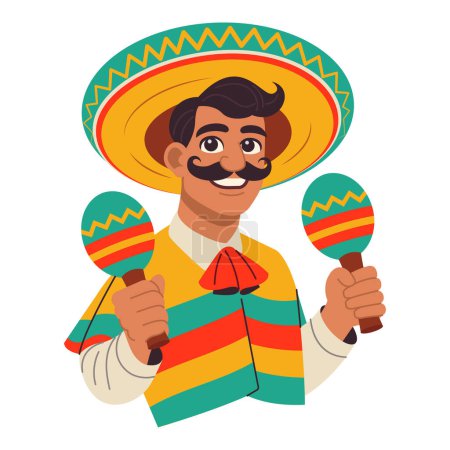 Mexican man in sombrero and poncho with maracas on a white background