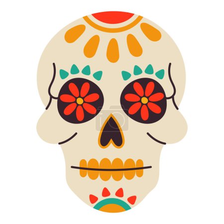 The Mexican skull is completely decorated with bright colors for the Day of the Dead