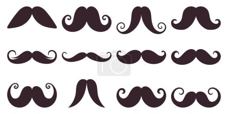 A set of hand-drawn mustaches in various shapes, isolated on white