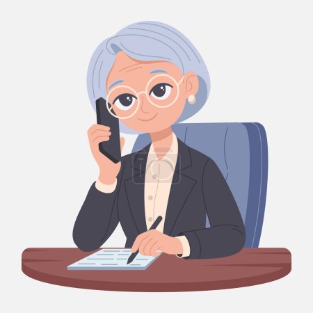An elderly woman working as a manager in a management position sits at her desk and talks on the phone. Vector illustration