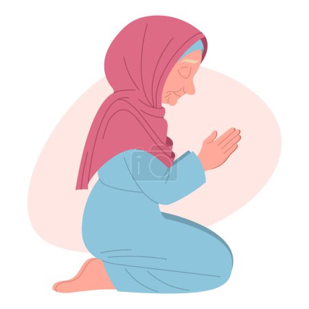 Grandmother praying on knees in headscarf with closed eyes, reading prayer, hand-drawn, flat vector illustration, white background