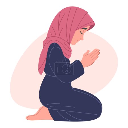 Girl praying on her knees, hand drawn flat vector illustration