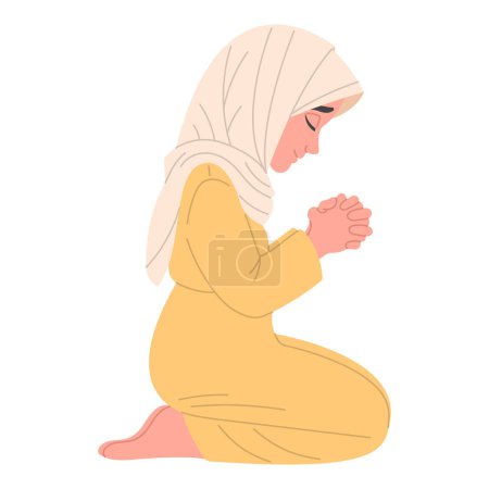 Girl praying on knees, hand-drawn, flat vector illustration, white background