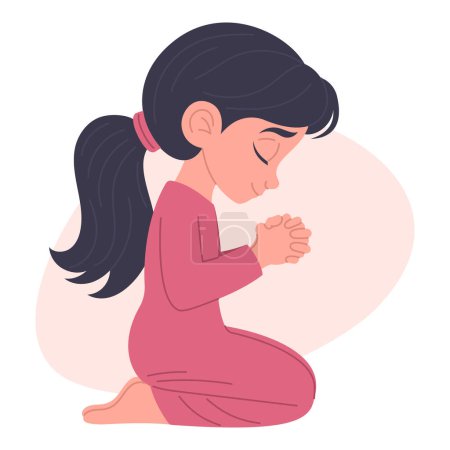 Cute little girl praying on her knees, hand drawn, vector illustration