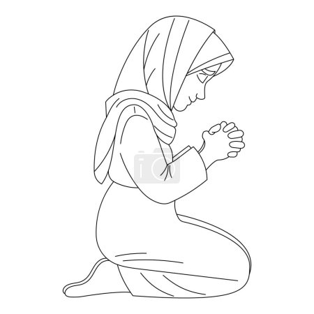 Cute girl in headscarf praying on knees with closed eyes, reading prayer, hand-drawn, line art vector illustration, white background