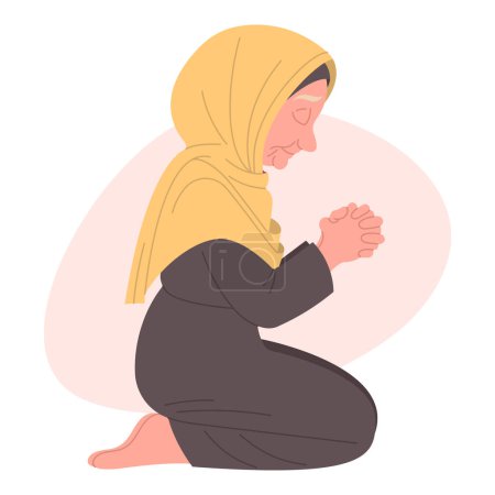 Grandma praying on knees in headscarf with closed eyes, reciting prayer, hand-drawn vector, flat style, white background