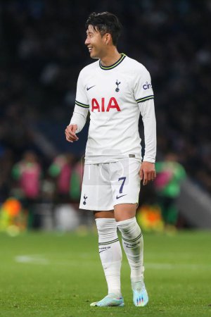 Photo for Son Heung-Min #7 of Tottenham Hotspur is all smiles during the UEFA Champions League match Tottenham Hotspur vs Sporting Lisbon at Tottenham Hotspur Stadium, London, United Kingdom, 26th October 202 - Royalty Free Image