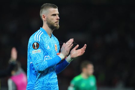 Photo for David De Gea applauds the fans after the UEFA Europa League match Manchester United vs Sheriff Tiraspol at Old Trafford, Manchester, United Kingdom, 27th October 202 - Royalty Free Image