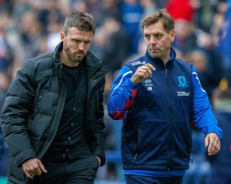 Photo for Michael Carrick manager of Middlesborough speaks to his assistant Jonathan Woodgate during the Sky Bet Championship match Preston North End vs Middlesbrough at Deepdale, Preston, United Kingdom, 29th October 202 - Royalty Free Image