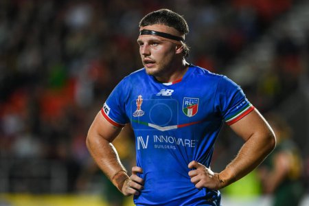 Photo for Luca Moretti of Italy during the Rugby League World Cup 2021 match Australia vs Italy at Totally Wicked Stadium, St Helens, United Kingdom, 29th October 202 - Royalty Free Image