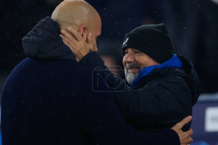 Photo for Pep Guardiola the Manchester City manager     greets Jorge Sampaoli the Sevilla coach during the UEFA Champions League match Manchester City vs Sevilla at Etihad Stadium, Manchester, United Kingdom, 2nd November 202 - Royalty Free Image