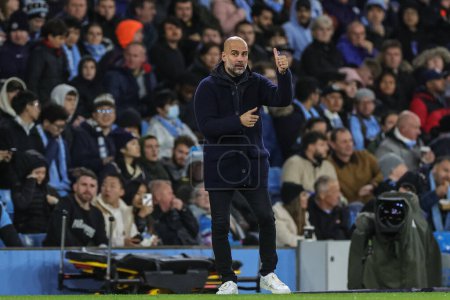 Photo for Pep Guardiola manager of Manchester City reacts during the UEFA Champions League match Manchester City vs Sevilla at Etihad Stadium, Manchester, United Kingdom, 2nd November 202 - Royalty Free Image