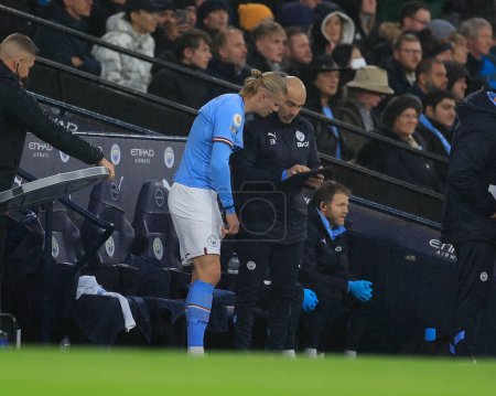 Photo for Erling Haaland #9 of Manchester City  prepares to come on during the Premier League match Manchester City vs Fulham at Etihad Stadium, Manchester, United Kingdom, 5th November 202 - Royalty Free Image