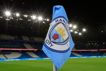 Photo for Corner flag at the Etihad ahead of the Carabao Cup Third Round match Manchester City vs Chelsea at Etihad Stadium, Manchester, United Kingdom, 9th November 202 - Royalty Free Image