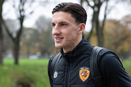 Photo for Alfie Jones #5 of Hull City arrives at The MKM Stadium ahead of the Sky Bet Championship match Hull City vs Reading at MKM Stadium, Hull, United Kingdom, 12th November 202 - Royalty Free Image