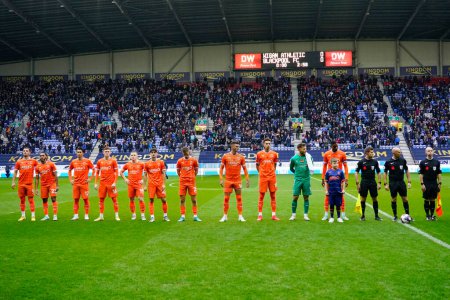 Photo for Blackpool team before the Sky Bet Championship match Wigan Athletic vs Blackpool at DW Stadium, Wigan, United Kingdom, 12th November 202 - Royalty Free Image