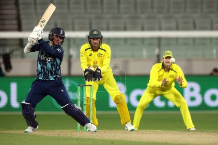 Photo for Sam Curran of England is seen batting during the Dettol ODI Series match Australia vs England at Melbourne Cricket Ground, Melbourne, Australia, 22nd November 2022 - Royalty Free Image