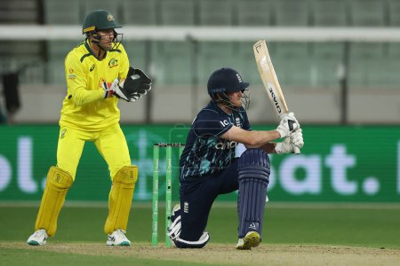 Photo for Liam Dawson of England bats during the Dettol ODI Series match Australia vs England at Melbourne Cricket Ground, Melbourne, Australia, 22nd November 2022 - Royalty Free Image