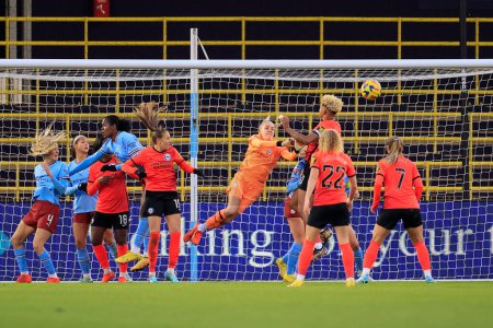 Photo for Ellie Roebuck #1 of Manchester City clears the danger of a Brighton attack during The FA Women's Super League match Manchester City Women vs Brighton & Hove Albion W.F.C. at Etihad Campus, Manchester, United Kingdom, 4th December 202 - Royalty Free Image