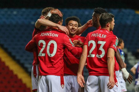 Photo for Brennan Johnson #20 of Nottingham Forest celebrates his goal to make it 0-1 during the Carabao Cup Fourth Round match Blackburn Rovers vs Nottingham Forest at Ewood Park, Blackburn, United Kingdom, 21st December 202 - Royalty Free Image