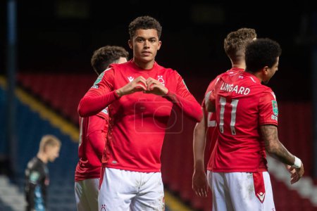 Photo for Brennan Johnson #20 of Nottingham Forest shows a love heart after scoring during the Carabao Cup Fourth Round match Blackburn Rovers vs Nottingham Forest at Ewood Park, Blackburn, United Kingdom, 21st December 202 - Royalty Free Image