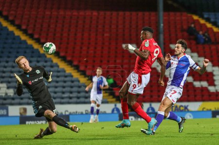 Photo for Aynsley Pears #13 of Blackburn Rovers saves a shot from Taiwo Awoniyi #9 of Nottingham Forest during the Carabao Cup Fourth Round match Blackburn Rovers vs Nottingham Forest at Ewood Park, Blackburn, United Kingdom, 21st December 202 - Royalty Free Image
