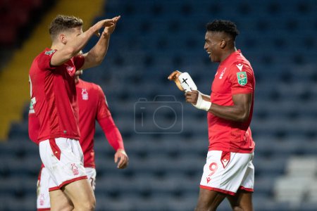 Photo for Taiwo Awoniyi #9 of Nottingham Forest celebrates his goal during the Carabao Cup Fourth Round match Blackburn Rovers vs Nottingham Forest at Ewood Park, Blackburn, United Kingdom, 21st December 202 - Royalty Free Image