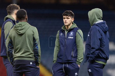 Photo for Ryan Giles #3 of Middlesborough talks to his team mates before the Sky Bet Championship match Blackburn Rovers vs Middlesbrough at Ewood Park, Blackburn, United Kingdom, 29th December 202 - Royalty Free Image