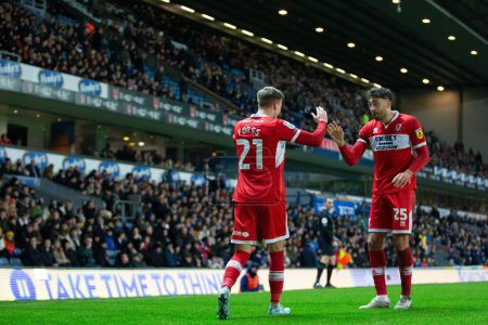 Photo for Marcus Forss #21 of Middlesborough celebrates his goal to make it 1-1 during the Sky Bet Championship match Blackburn Rovers vs Middlesbrough at Ewood Park, Blackburn, United Kingdom, 29th December 202 - Royalty Free Image