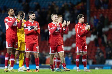 Photo for Middlesborough players celebrate with the fans after the Sky Bet Championship match Blackburn Rovers vs Middlesbrough at Ewood Park, Blackburn, United Kingdom, 29th December 2022 - Royalty Free Image
