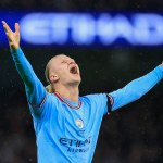 Erling Haaland #9 of Manchester City celebrates winning a free-kick during the Premier League match Manchester City vs Everton at Etihad Stadium, Manchester, United Kingdom, 31st December 202