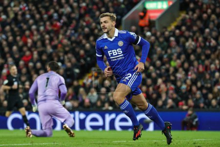 Photo for Kiernan Dewsbury-Hall #22 of Leicester City celebrates his goal to make it 0-1 during the Premier League match Liverpool vs Leicester City at Anfield, Liverpool, United Kingdom, 30th December 202 - Royalty Free Image