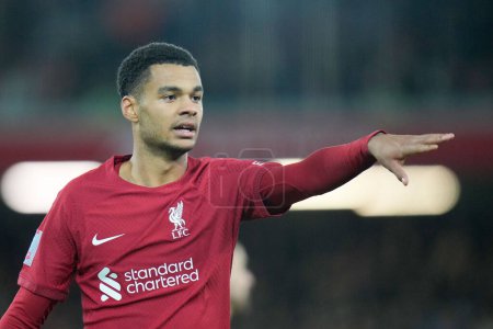 Foto de Cody Gakpo #18 of Liverpool shouts instructions during the Emirates FA Cup Third Round match Liverpool vs Wolverhampton Wanderers at Anfield, Liverpool, United Kingdom, 7th January 202 - Imagen libre de derechos