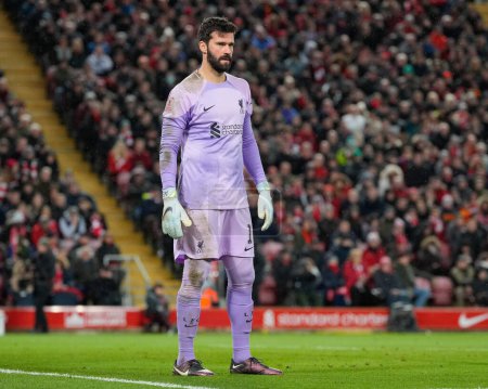 Téléchargez les photos : Alisson Becker #1 of Liverpool during the Emirates FA Cup Third Round match Liverpool vs Wolverhampton Wanderers at Anfield, Liverpool, United Kingdom, 7th January 202 - en image libre de droit