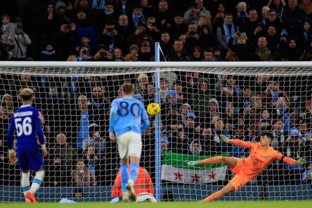Foto de Riyad Mahrez #26 of Manchester City scores from the penalty spot to make it 4-0 during the Emirates FA Cup Third Round match Manchester City vs Chelsea at Etihad Stadium, Manchester, United Kingdom, 8th January 202 - Imagen libre de derechos