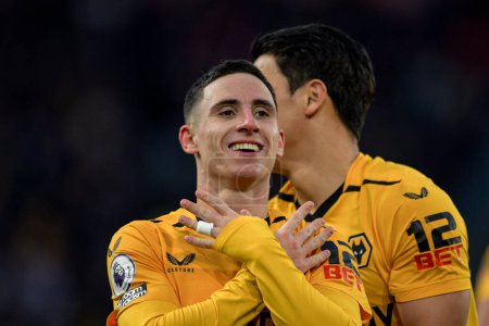 Photo for Daniel Podence #10 of Wolverhampton Wanderers celebrates his goal to make it 1-0 during the Premier League match Wolverhampton Wanderers vs West Ham United at Molineux, Wolverhampton, United Kingdom, 14th January 202 - Royalty Free Image
