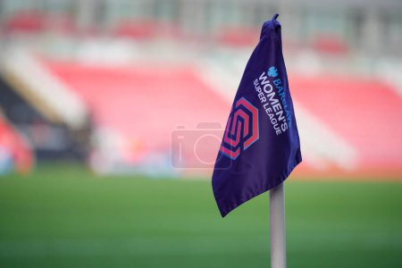 Photo for General view of the corner flag displaying the Barclays Womens Super League logo before the The Fa Women's Super League match Manchester United Women vs Liverpool Women at Leigh Sports Village, Leigh, United Kingdom, 15th January 2023 - Royalty Free Image