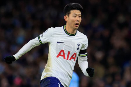 Photo for Son Heung-Min #7 of Tottenham Hotspur in action during the Premier League match Manchester City vs Tottenham Hotspur at Etihad Stadium, Manchester, United Kingdom, 19th January 202 - Royalty Free Image