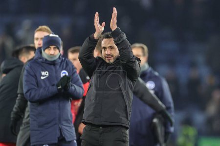 Photo for Roberto De Zerbi manger of Brighton & Hove Albion applauds the fans during the Premier League match Leicester City vs Brighton and Hove Albion at King Power Stadium, Leicester, United Kingdom, 21st January 202 - Royalty Free Image
