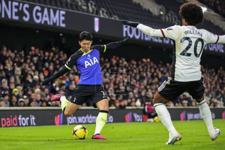 Photo for Son Heung-Min #7 of Tottenham Hotspur in action during the Premier League match Fulham vs Tottenham Hotspur at Craven Cottage, London, United Kingdom, 23rd January 202 - Royalty Free Image