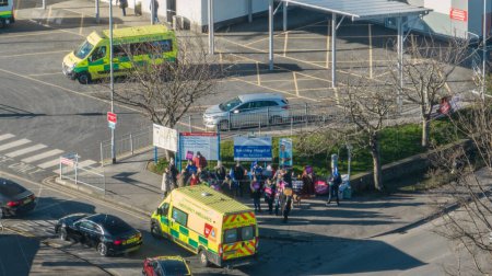 Photo for The nurses official picket line at Barnsley General Hospital where nurses strike due to staff shortages and a request for fair pay, Barnsley, United Kingdom, 6th February 2023 - Royalty Free Image