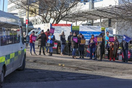 Photo for The nurses official picket line at Barnsley General Hospital where nurses strike due to staff shortages and a request for fair pay, Barnsley, United Kingdom, 6th February 2023 - Royalty Free Image