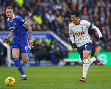 Photo for Son Heung-Min #7 of Tottenham Hotspur runs with the ball during the Premier League match Leicester City vs Tottenham Hotspur at King Power Stadium, Leicester, United Kingdom, 11th February 202 - Royalty Free Image