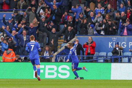 Photo for James Maddison #10 of Leicester City celebrates his goal to make it 2-1 during the Premier League match Leicester City vs Tottenham Hotspur at King Power Stadium, Leicester, United Kingdom, 11th February 202 - Royalty Free Image