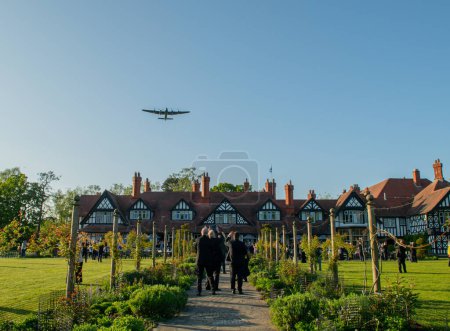 Photo for The Battle of Britain Memorial Flight Lancaster carries out a Dambusters 80th commemoration flypast for members of 617 Squadron Association at Petwood Hotel, Woodhall Spa, UK, 20th May 2023 - Royalty Free Image
