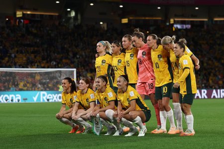 Téléchargez les photos : Photo de l'équipe d'Australie lors du match du Groupe B de la Coupe du Monde Féminine 2023 Australie Femmes vs Nigéria Femmes au Suncorp Stadium, Brisbane, Australie, 27 juillet 2023 - en image libre de droit